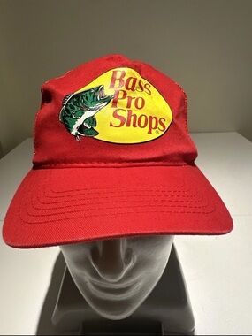 Bass Pro Shops Red Cap with Yellow Logo and Green Fish Patch
